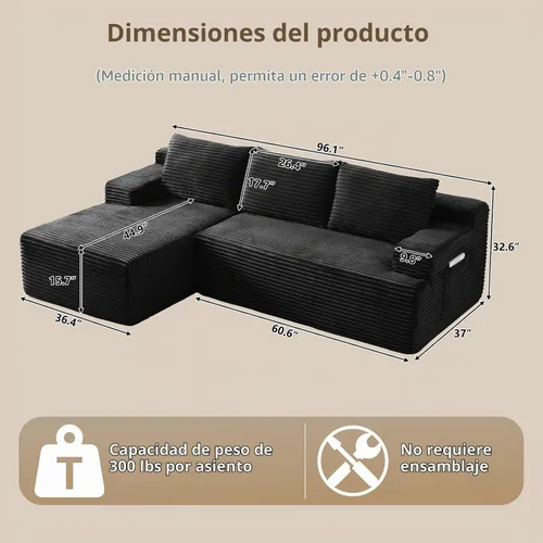 Vista 2 de Sofá seccional Cloud de 96 pulgadas, sofá deshuesado para sala de estar, sofá modular con asiento profundo, sofá de pana cómodo y esponjoso con Negro