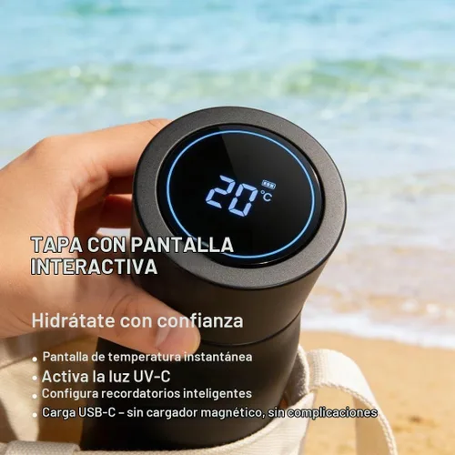 Vista 4 de AquaSync - Botella de agua inteligente autolimpiante de 17 onzas de acero inoxidable aislado al vacío con tecnología de luz UV-C pantalla
