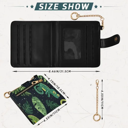Vista 3 de Qilmy Green Chameleons Compact Women's Wallet - RFID Blocking Bifold Card Case PU Leather Slim Travel Wallet with Zipper Coin Pocket, ID Window &