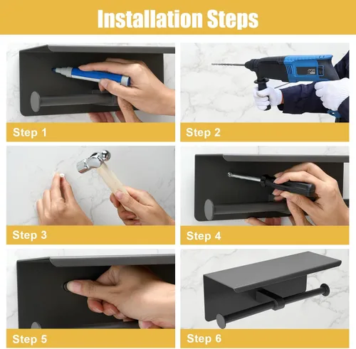 Vista 5 de Soporte doble de papel higiénico, soporte de papel de seda de acero inoxidable con estante, dispensador de papel higiénico antioxidante, montado