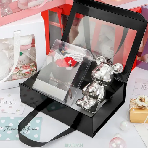 Vista 3 de Caja de regalo negra con ventana, caja de regalo magnética transparente para regalo, caja de propuesta de padrino de boda (10.5 x 7.5 x 3 pulgadas)