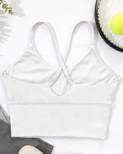 Vista 7 de XUNYU Sujetador deportivo de línea larga para mujer, camisetas sin mangas de entrenamiento con tiras cruzadas para fitness, gimnasio, yoga, correr