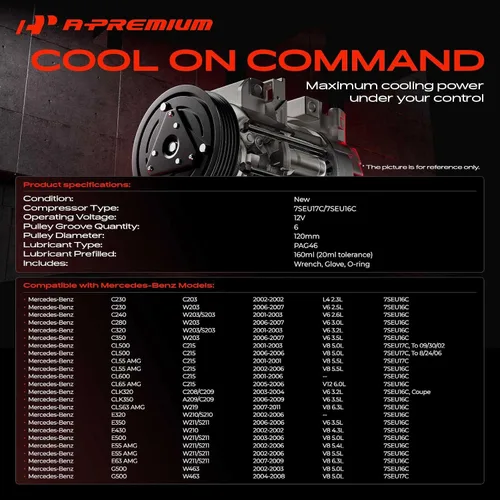 Vista 2 de A-Premium Compresor de CA con embrague compatible con Mercedes-Benz Clase C C230 C320, CLK-Clase CLK320 CLK350, Clase E E300 E350, Clase G G500