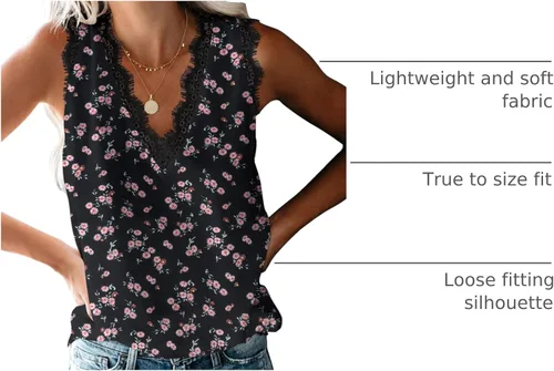 Vista 123 de VIISHOW - Camiseta sin mangas, sexy, con cuello en V y bordes de encaje para mujer, camisola de vestir, camisas de gasa, sin mangas, casuales