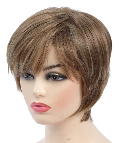 Vista 8 de Pelucas cortas de corte Pixie con flequillo, pelucas de cabello sintético lacio para mujeres blancas (rubio mezclado con marrón)