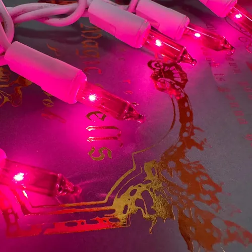 Vista 7 de Luces de Navidad, 100 unidades, luces de cadena rosadas para árbol de Navidad con cable blanco para decoración de Navidad al aire libre e