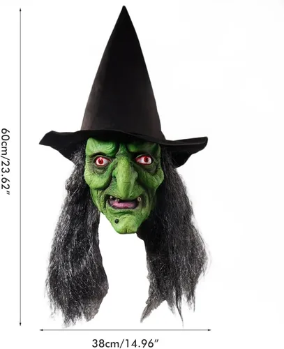 Vista 4 de Máscara facial de bruja de anciana con pelo y sombrero, disfraz de látex para Halloween, espeluznante y aterrador, disfraz de bruja para fiesta