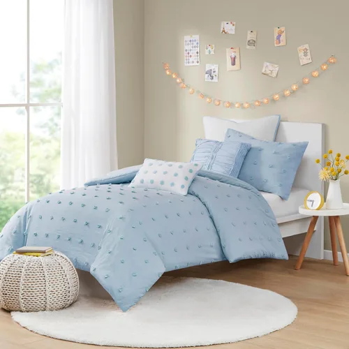 Vista 2 de Intelligent Design - Juego de edredón de algodón con mechones jacquard y diseño de pompones para todas las estaciones, con fundas a juego, almohadas