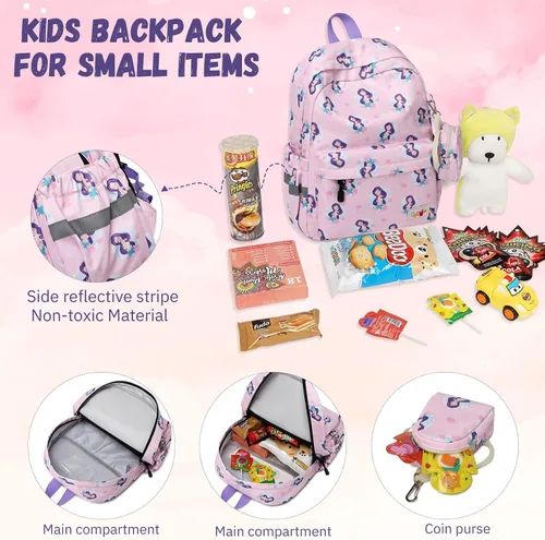 Vista 9 de MIRLEWAIY Mochila para niños pequeños con bolsa para monedas, Sirena rosa, Mochilas para mochila