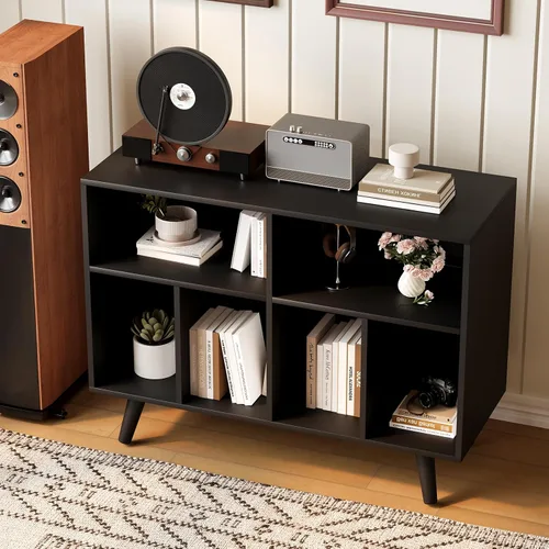 Vista 3 de IDEALHOUSE Soporte para tocadiscos con almacenamiento de vinilo, 39.5 pulgadas, soporte grande para tocadiscos de vinilo de madera, soporte