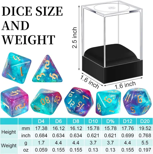 Vista 2 de Juego de dados D20 de resina translúcida de colores poliédricos con caja de dados y bolsa de organza gigante D4 D6 D8 D10 D12 D20 juego de dados