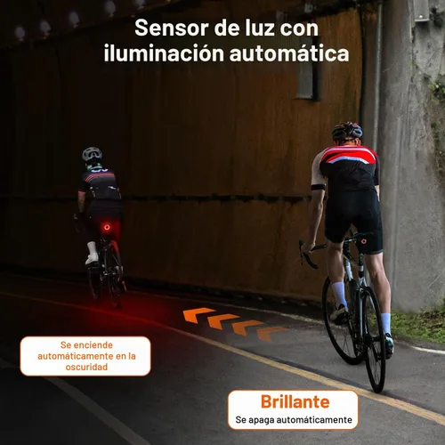 Vista 5 de Luz trasera inteligente para bicicleta, encendido/apagado automático, luz trasera con detección de freno, luz trasera de bicicleta recargable USB C