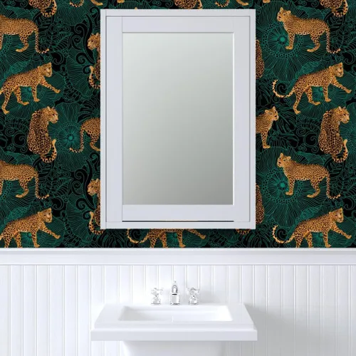 Vista 9 de Spoonflower Papel tapiz para despegar y pegar - Leopardo exótico selva negro verde animal África guepardo tigre papel tapiz extraíble personalizado