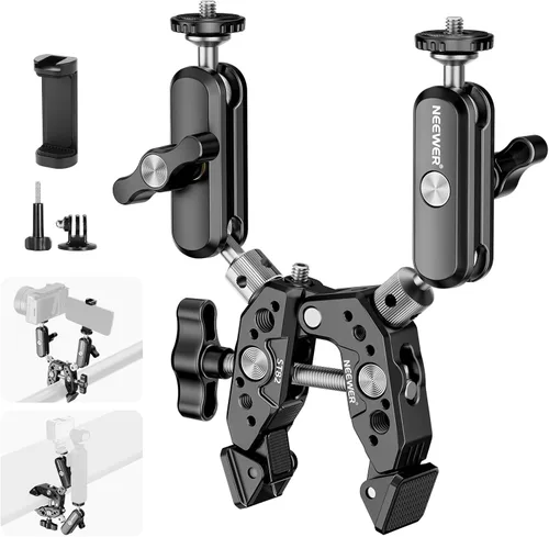 Vista 10 de NEEWER Super Clamp con Brazo Mágico de Cabeza Esférica Doble de 3", Zapata Fría, Roscas de 1/4", Adaptador de Montaje para Cámara de Teléfono/Acción