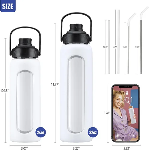Vista 20 de Botella de agua Kodrine con pajita, botella de vidrio de 24 oz con 2 tapas, una de pajita de bambú y otra con pico y asa, botella de vidrio