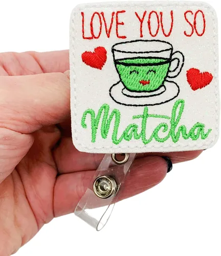 Vista 2 de Love You So Matcha Badge Reel, Retractable Valentine's Day ID Holder, Funny Tea Name Tag Clip (belt clip)