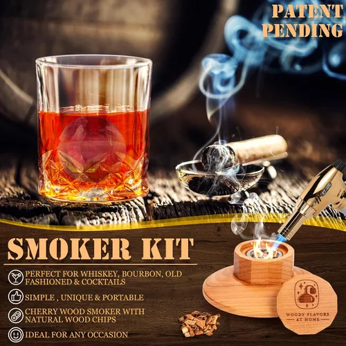 Vista 3 de Kit de ahumador de cóctel antiguo para whisky, bourbon y bebidas con ahumador de cereza, sabores de virutas de madera natural, antorcha culinaria