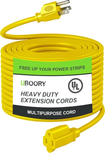 Vista 8 de Cable de extensión para exteriores impermeable de 50 pies, amarillo 12/3 SJTW resistente, cable de extensión flexible de 100% cobre de 3 clavijas