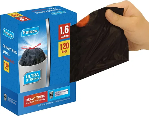 Vista 9 de Feisco Bolsa de basura negra de 8 galones, con cordón de 30 litros, 90 unidades, 0.9 mil (8 galones, negro)