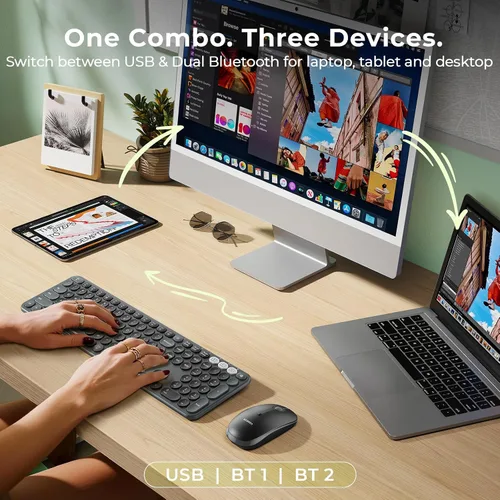 Vista 2 de seenda COE202 - Combo de teclado y mouse Bluetooth, teclas redondas retro, color negro Retro silent keyboard and mouse connects to 3 devices