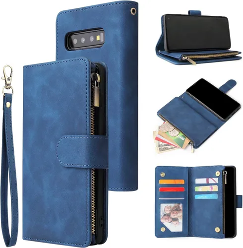 Vista 15 de UEEBAI Funda tipo cartera para Samsung Galaxy S10 Plus, Cartera de piel sintética con cierre magnético, funda de bolsillo con cremallera, ranuras