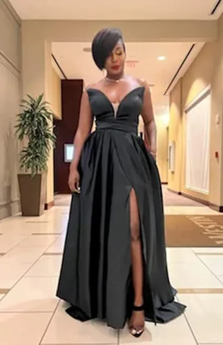 Vista 4 de Zeeyecie Vestido de baile de graduación con hombros descubiertos para mujer vestido largo de satén formal con abertura y bolsillos