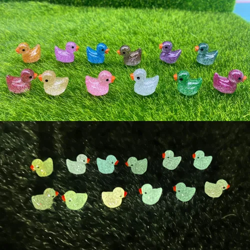 Vista 6 de 120 piezas de mini patos de resina con purpurina en miniatura, pequeños patos para bricolaje, jardín, acuario, casa de muñecas, adorno
