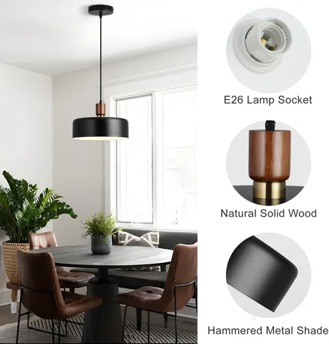 Vista 3 de Lámparas colgantes modernas de madera maciza, candelabros vintage martillados grandes de 13.8 pulgadas, lámpara colgante con acabado negro, lámparas