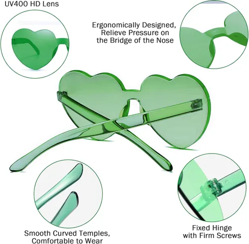Vista 3 de 12 lentes de sol con forma de corazón, sin marco, transparentes, con forma de corazón, para mujeres, paquete de lentes de sol divertidos (12 verde)