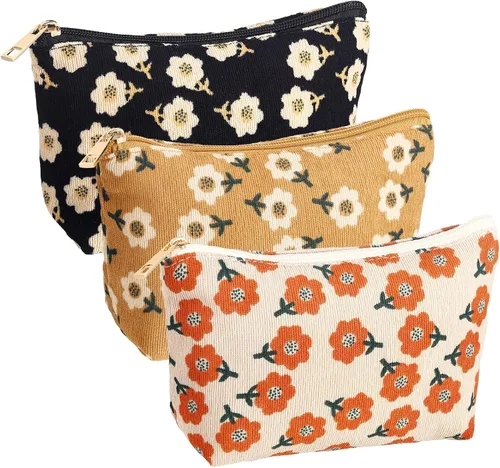 Vista 10 de Photect Juego de 3 bolsas de maquillaje floral para bolso, bolsa de lona de pana, pequeña bolsa de cosméticos para mujeres, mini artículos