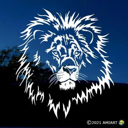 Vista 2 de Lion AMIART - Calcomanía de vinilo (blanco) – Hermosa cabeza de león macho salvaje – Rey del orgullo – Calcomanía de pared para ventana de coche