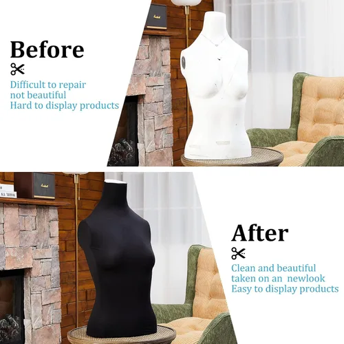 Vista 5 de Tudomro 2 piezas de cubierta de tela de maniquí negro cubierta de la forma de vestido femenino estiramiento maniquí cuerpo de tela para diseñador