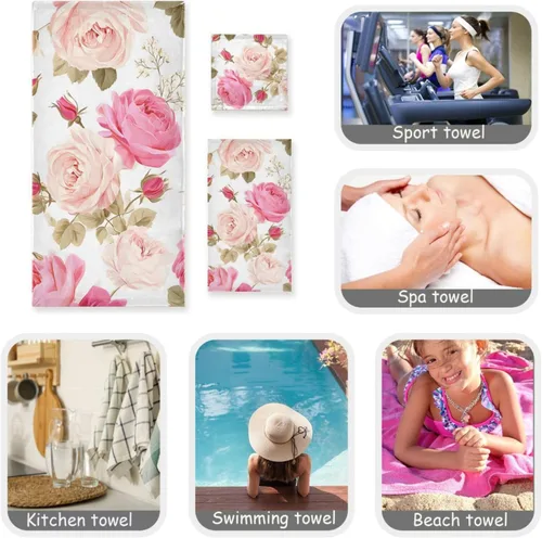 Vista 7 de susiyo Juego de toallas de baño de 3 piezas, suaves y altamente absorbentes, hermosas toallas de baño florales rosas rosas toallas de baño, toallas