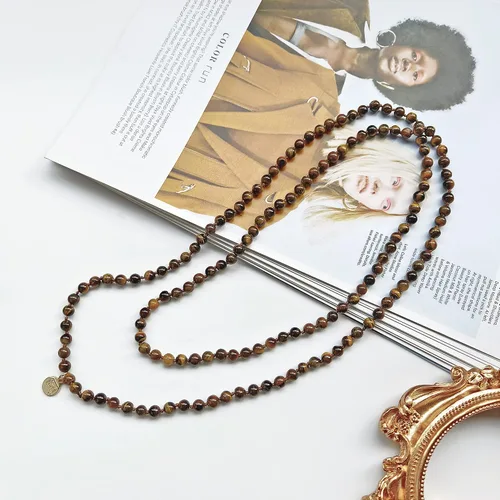 Vista 4 de Firstmeet Stone Necklace Long Agate Beads Chain Round Smooth Bracelet Jewelry for Women