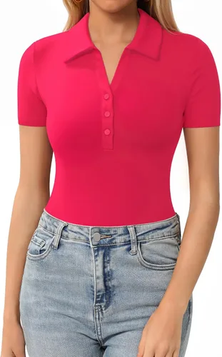 Vista 11 de HERLOLLYCHIPS Womens Short Sleeve Tops V Neck Button Down Collared Fitted Shirts