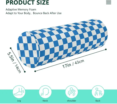Vista 3 de DOMIKING Almohada cervical con patrón de cuadros blancos y azules para el cuello, almohada cilíndrica de espuma viscoelástica con funda extraíble