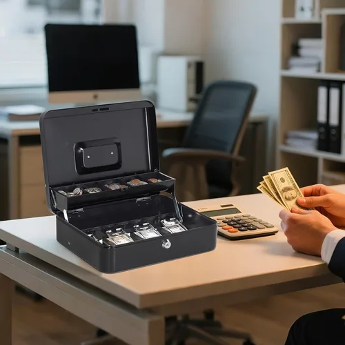 Vista 5 de Jssmst - Caja de efectivo de metal grande con bandeja de dinero,Caja de bloqueo