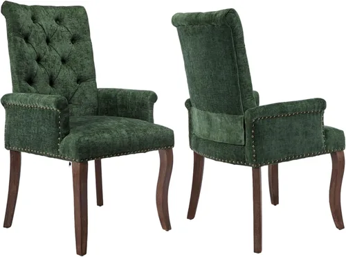 Vista 29 de Sillas de Comedor Tapizadas Acolchadas de Chenilla con Brazos y Ribete de Tachuelas – Marco y Patas de Madera Maciza, Estilo Granja Moderna