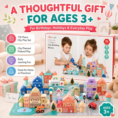 Vista 7 de Juego de bloques de construcción de madera, apilador de construcción de ciudad, juguetes educativos de aprendizaje preescolar, juguetes para niños