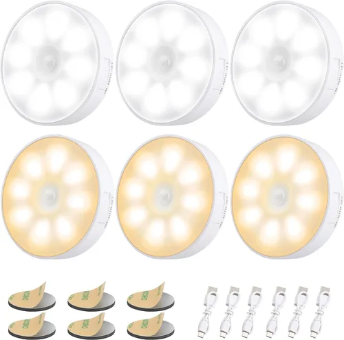 Vista 10 de Paquete de 3 luces con sensor de movimiento, 8 LED de luz nocturna recargable, con cable USB y parche magnético, 3 modos, luz de pared segura Blanco
