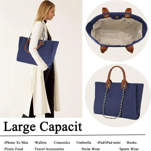 Vista 3 de BYMEE - Bolsa de lona para mujer, bolso de lona con cadenas extraíbles, bolsa de hombro, artículos esenciales diarios, bolsa de trabajo casual