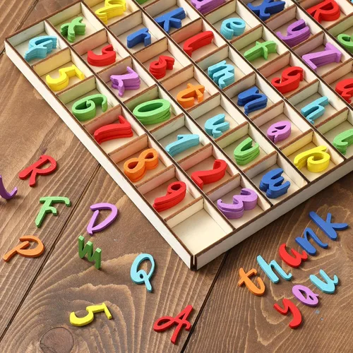 Vista 5 de Blulu 248 letras del alfabeto de madera de 1 pulgada, números de letras de madera sin terminar, números para manualidades con bandeja