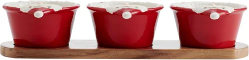 Vista 6 de Pfaltzgraff Winterberry Cuencos para Salsas de Papá Noel con Base de Madera, Juego de 3