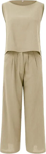Vista 4 de DUOWEI Overol de pantalón para mujer, para boda, grande, liso, sin mangas, pantalones de algodón y lino, trajes casuales para mujer