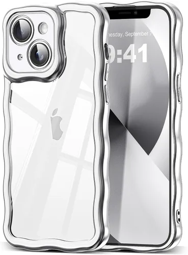 Vista 117 de SKYLMW Funda compatible con iPhone 12 Pro, diseño de ondas rizadas kawaii, borde chapado de lujo, elegante parte trasera transparente brillante, TPU