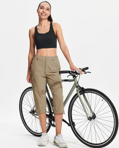 Vista 5 de TACVASEN Pantalones capri de senderismo para mujer, 5 bolsillos, ligeros, de secado rápido, debajo de la rodilla, pantalones cortos deportivos