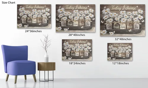 Vista 2 de Arte de pared de granja - Lienzo de arte de pared de margaritas con cita de Jesús, Hoy elijo fe, esperanza, amor, paz, alegría, pintura de flores
