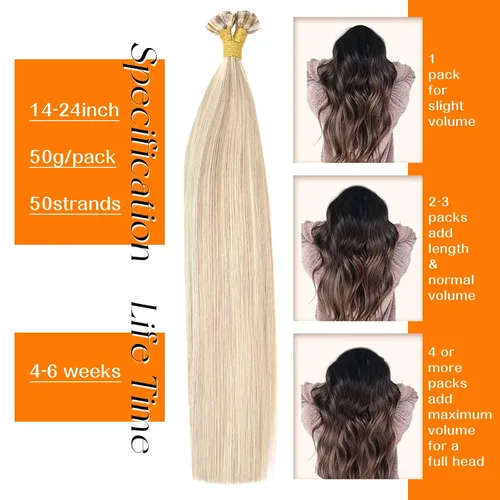Vista 5 de Sunny Hair Extensiones de cabello humano con queratina, rubio ceniza con reflejos rubio decolorado, extensiones de cabello con punta plana, 14