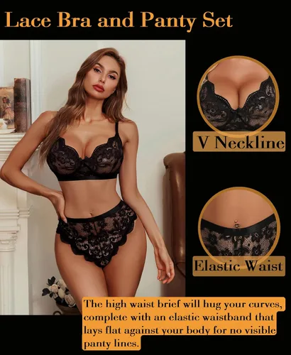 Vista 2 de KYLELOVE Conjunto de lencería para mujer, conjunto de brasier y bragas inalámbricos, trajes de boudoir de encaje