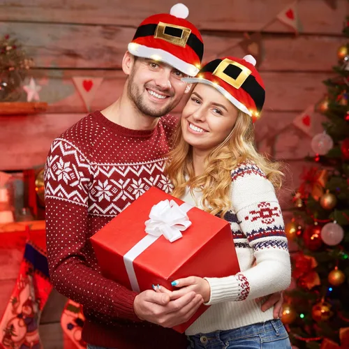 Vista 3 de Janmercy 2 Pcs Light up Christmas Hat Western LED Santa Hat Buffalo Plaid Hat Chimney Hat Baseball Cap